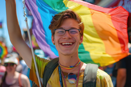 A man with a joyful smile proudly holds up a rainbow flag, symbolizing LGBTQ pride, equality, and inclusivity.の素材