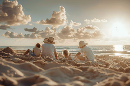 A group of people, likely friends or family, sit gracefully on a sandy beach, chatting and laughing as they watch the sunset over the horizon.の素材