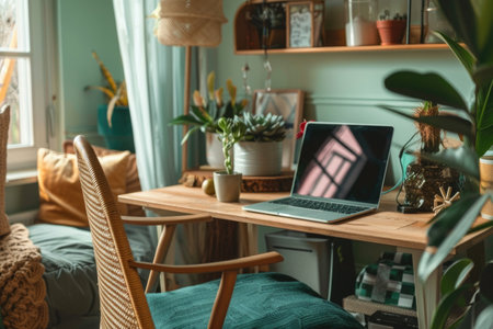 A sleek laptop computer is elegantly placed on top of a wooden desk in a trendy home office setup, symbolizing a workspace dedicated to remote work.の素材