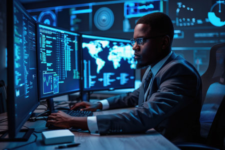 A man focuses intently as he sits in front of a computer monitor, immersed in the world of cybersecurity, working to protect data and networks.の素材