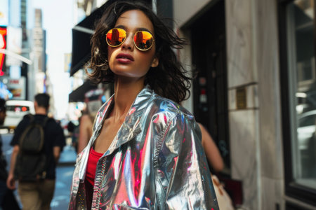 A stylish woman in a shiny jacket and sleek sunglasses struts confidently on a bustling city street, exuding a sense of urban glamour.の素材