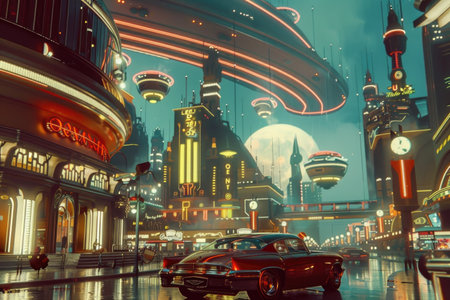 A sleek car cruises down a busy city street illuminated by the neon lights of buildings, creating a futuristic yet nostalgic atmosphere.の素材