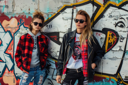 Two young women stand confidently in front of a colorful graffiti wall, their stylish outfits complementing the vibrant street art behind them.の素材
