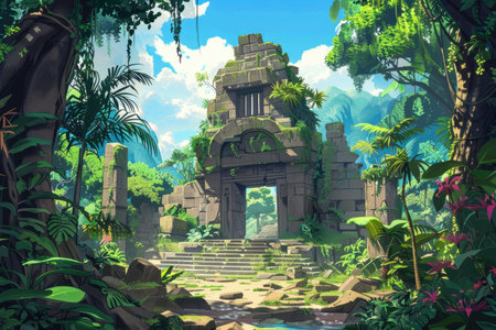Lush green foliage surrounds a powerful waterfall cascading into a crystal-clear pool, creating a serene oasis in the heart of a vibrant, tropical jungle.の素材