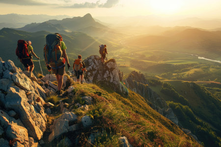 A diverse group of backpackers equipped with gear hiking up the side of a majestic mountain, showcasing teamwork, determination, and adventure.の素材
