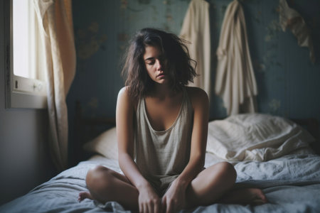 Capturing the essence of female crisis, a young woman in despondency, seated on a bed, her face reflecting sadness and contemplationの素材