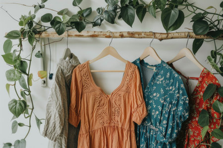 Three elegant dresses hang gracefully on a clothes rack beside a vibrant plant, creating a harmonious blend of fashion and nature.の素材