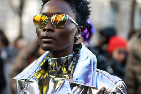 A fashionable woman confidently wears a silver jacket and trendy sunglasses, exuding a sense of coolness and sophistication.の素材