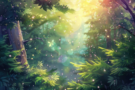 A vivid and detailed painting of a lush forest filled with a variety of tall trees, creating a mesmerizing and magical scene.の素材