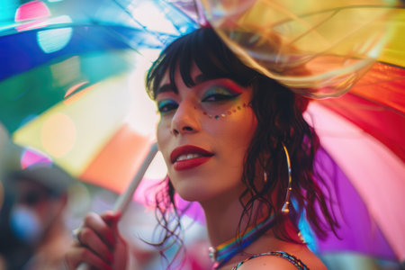 A woman, adorned in rain gear, gracefully holds an umbrella while braving the rain shower with poise and tranquility.の素材