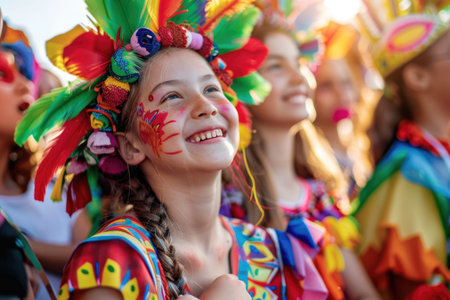 A group of diverse young girls with colorful face paint showing their creativity and artistic expression in a lively and joyful manner.の素材