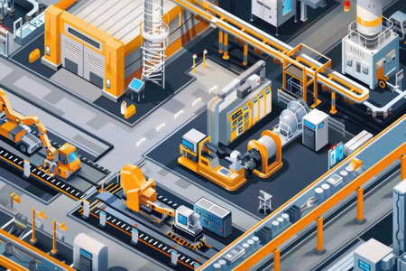 Inside a modern factory, powerful machines and machinery are diligently at work, showing industrial progress and efficiency on a grand scale.の素材