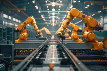Robots with intricate designs and advanced technology are smoothly moving along a conveyor belt in a modern factory setting, showcasing industrial automation at its finest.の素材