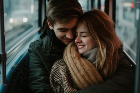 Affectionate embrace inside a vehicle, a sense of comfort and closeness prevails.の素材