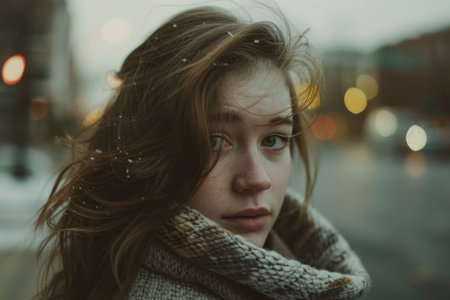 A woman exudes sophistication, with a scarf delicately draped around her neck. Her posture radiates poise and elegance, adding a touch of mystery and allure to her presence.の素材