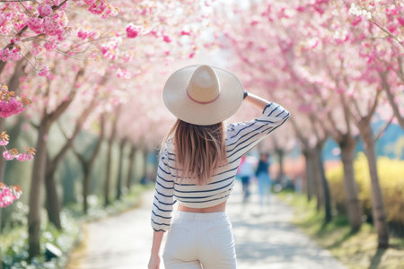A woman is walking down a path lined with beautiful pink flowers, taking in the serene and picturesque surroundings.の素材