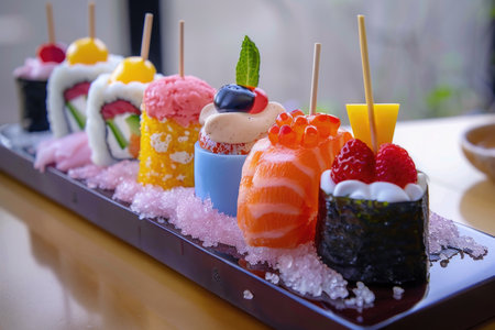 A colorful array of sushi pieces beautifully arranged on a tray resting on a table, showing the intricate craftsmanship and culinary artistry of the dish.の素材