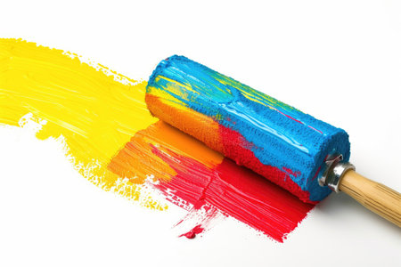 A paint roller covered in a rainbow of vibrant colors, creating a visually striking effect.の素材