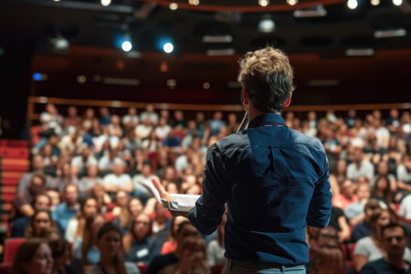 A charismatic man stands confidently before a captivated crowd, delivering an inspiring lecture on a grand stage.の素材