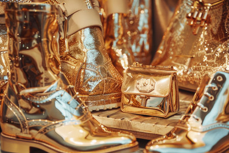 A display of numerous gold shoes and purses arranged artistically, reflecting light and exuding luxury and elegance.の素材