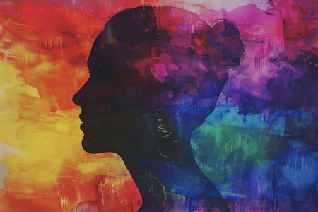 A painting depicting a persons head with a colorful background, symbolizing LGBTQ and mental health support. The portrait illustrates themes of self-discovery, diversity, and acceptance.の素材
