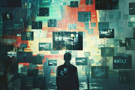 A man is standing in front of a wall covered in various pictures, each telling a unique story. He deep appears in thought, reflecting on the memories captured in the images.の素材
