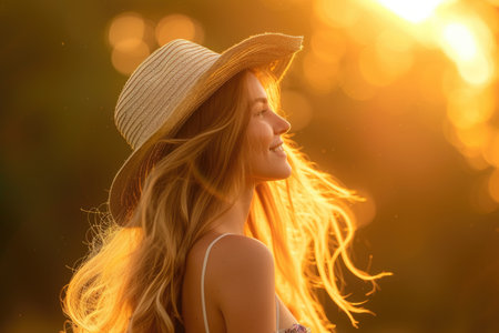 A young woman with long flowing hair is wearing a stylish hat, looking joyful and serene in a side profile view.の素材