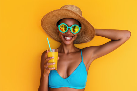 A cheerful woman wearing a stylish straw hat and sunglasses holds a delicious drink in her hand, exuding a carefree and relaxed vibe.の素材