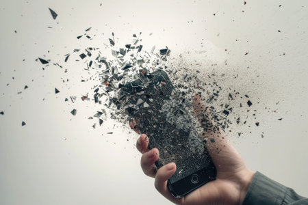 A person is gripping a cell phone in their hand, symbolizing the power and influence of technology on human connection and communication.の素材