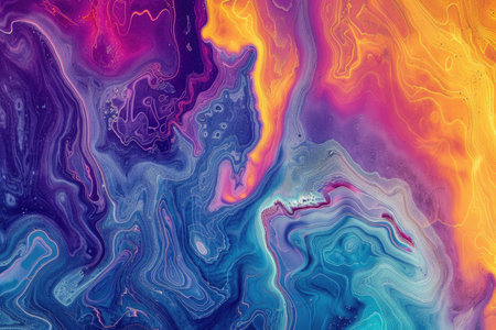 Bold, multicolored fluid strokes merge and flow on a black background, creating a vibrant abstract painting resembling a thermal or heat map.の素材