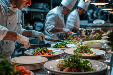 A team of chefs in action, bustling around a vibrant kitchen, skillfully preparing a variety of dishes with precision and creativity, showing the artistry of culinary craftsmanship.の素材