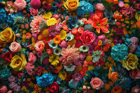 A variety of colorful flowers are intricately arranged and displayed on a wall, creating a stunning and artistic focal point in the room.の素材