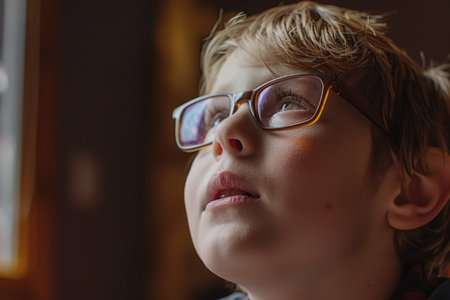 A young boy, wearing glasses, gazes up into the expansive sky above him with a look of curiosity and wonder on his face.の素材