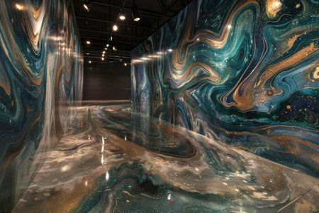 A room filled with mesmerizing glass walls reflecting light, creating a magical interplay of colors and shapes within the space.の素材