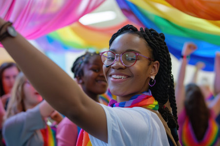 A stylish woman with glasses adorned in a vibrant rainbow scarf exuding confidence and embracing diversity.の素材
