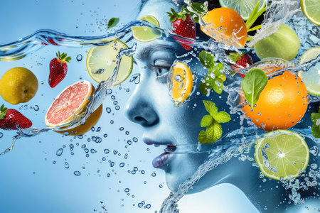 A womans face is surrounded by an array of colorful fruits and splashing water, creating a refreshing and invigorating scene.の素材