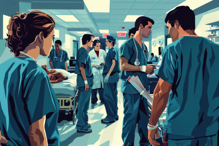 A group of healthcare professionals wearing scrubs are seen working together in a hospital setting, showcasing teamwork and dedication in providing medical care.の素材