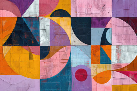 An abstract composition featuring a dynamic interplay of vibrant colors and geometric shapes, creating a harmonious and visually stimulating piece of art.の素材