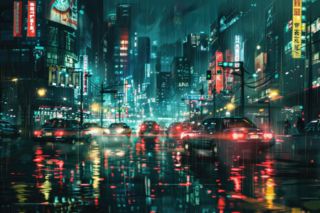 A city street bustling with traffic under the glow of streetlights at night, illuminated by the reflection of rain on the pavement.の素材