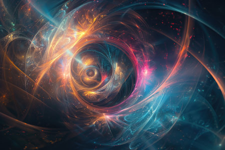 A mesmerizing spiral composed of shimmering fractal patterns twists and turns in an abstract composition, creating a sense of depth and movement.の素材