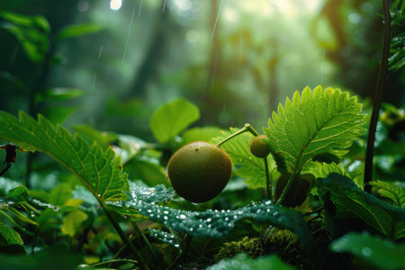 A vibrant kiwi fruit sits nestled on a leafy plant, showing natures rich colors and textures in a lush green forest backdrop.の素材