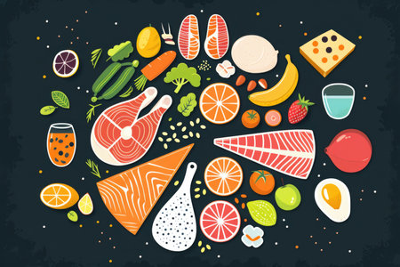 A variety of colorful and appetizing food items arranged in a circular formation, creating a visually appealing display of balanced nutrition.の素材