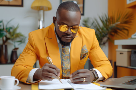 A confident and satisfied man in a yellow suit is focused on writing on a piece of paper on a desk.の素材