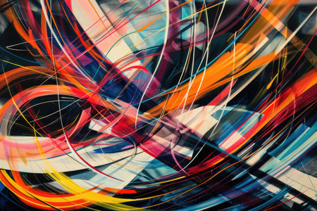 This abstract features composition chaotic yet harmonious movements of vibrant lines and colors on a standard scale. The colors and lines intersect and flow dynamically across the canvas.の素材