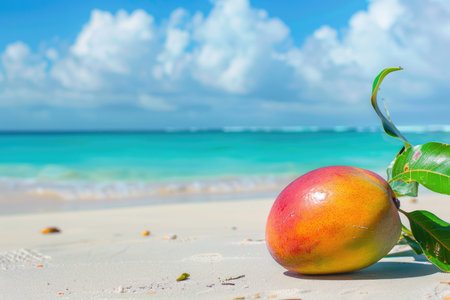 A ripe mango rests on the sandy beach under a clear blue sky in a tranquil, picturesque setting.の素材