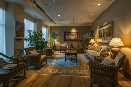 A wide-angle shot of the therapist's office, showcasing the tranquil and welcoming environmentの素材