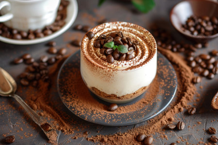 A plate holds a delicate tiramisu dessert adorned with cocoa powder and coffee beans, creating a visually appealing and delicious treat.の素材