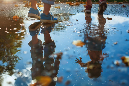 A cheerful group of people, including children, standing on a large puddle, enjoying the moment and possibly dancing or playing in the water.の素材