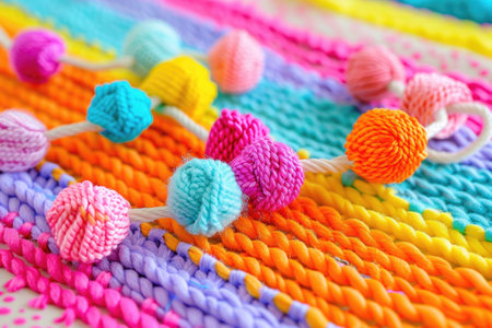 A detailed close-up of a crocheted blanket with intricate patterns, surrounded by a variety of colorful yarn balls in various textures and sizes.の素材
