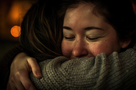 A woman with her eyes closed tenderly embraces a man, their bodies entwined in a heartfelt hug expressing deep connection and emotional closeness.の素材